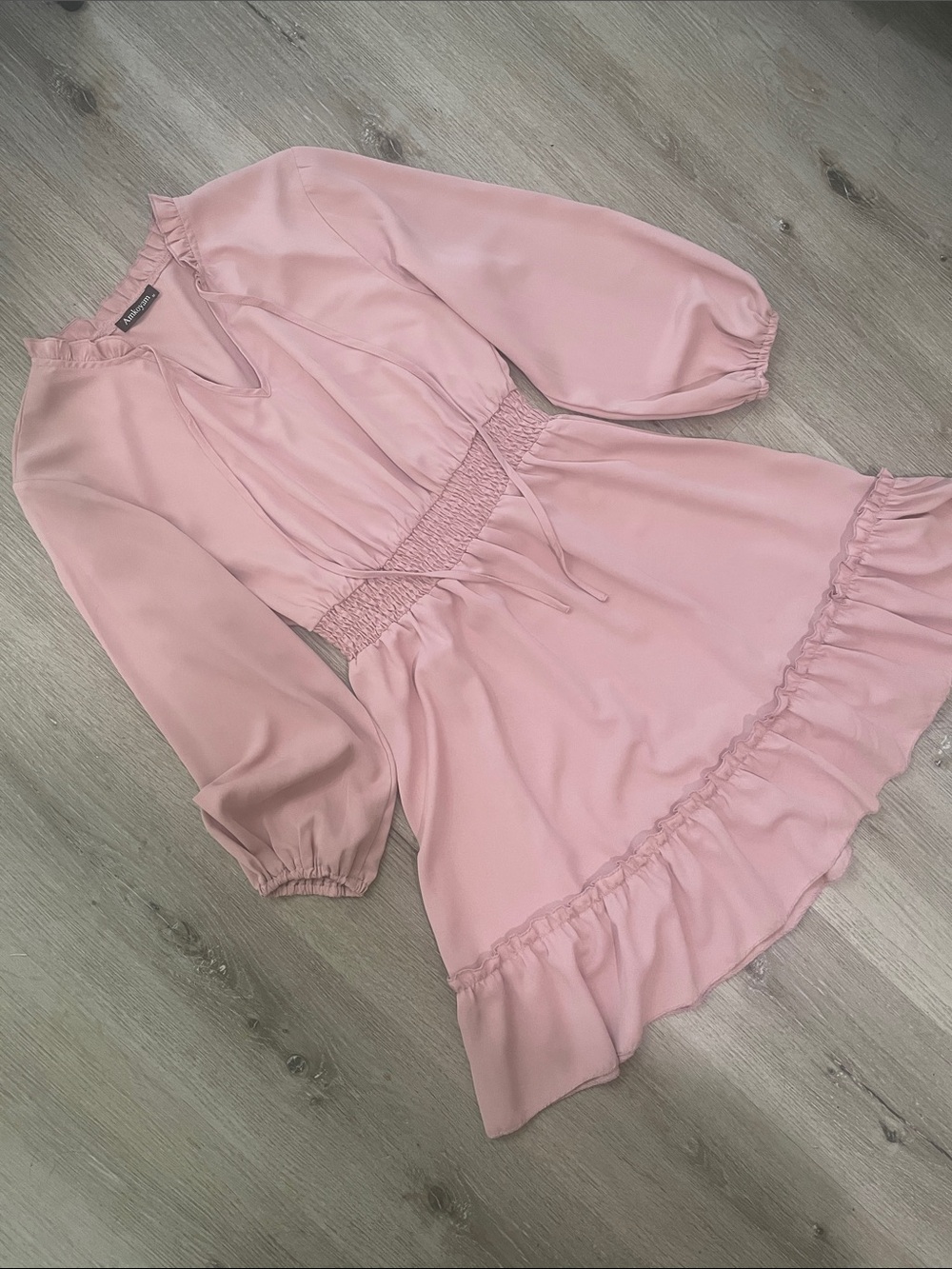 Blush Pink Long Sleeve Smocked Waist Dress | Women’s Size Medium